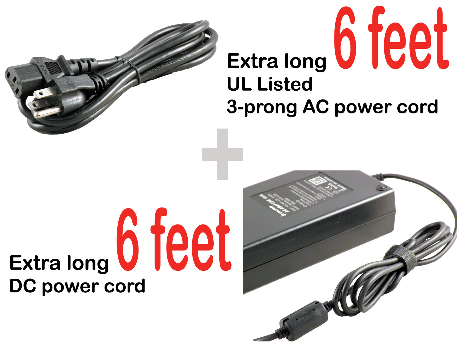 6 ft 3-prong AC power cord plug + 6 ft DC power cord